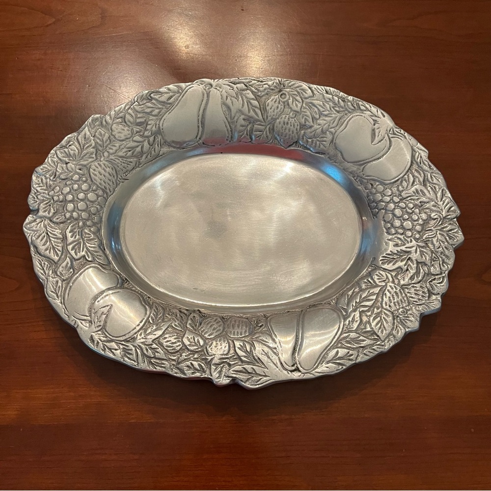 Vintage Silver Toned Serving Platter Oval with Embossed Fruit and leaves